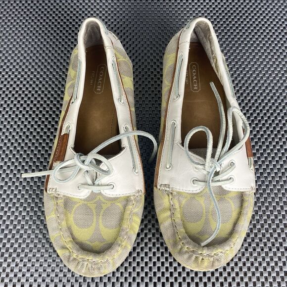 Coach Coralin Boat Deck Slip On Shoes womens Size 8 B Tan Yellow Logo Casual - Picture 1 of 14